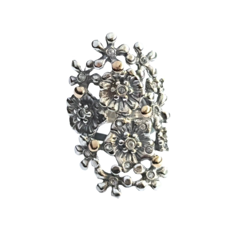 925 Sterling Silver & 9k Gold Colorful Flower Ring
