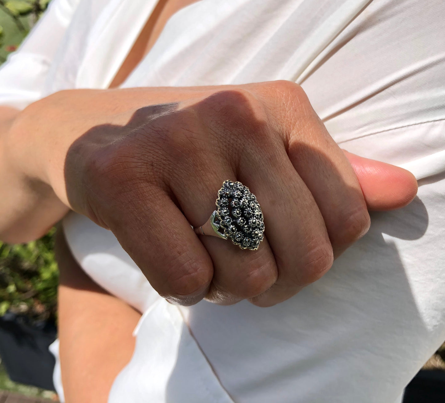 925 Sterling Silver Marcasite Cluster Vintage Ring