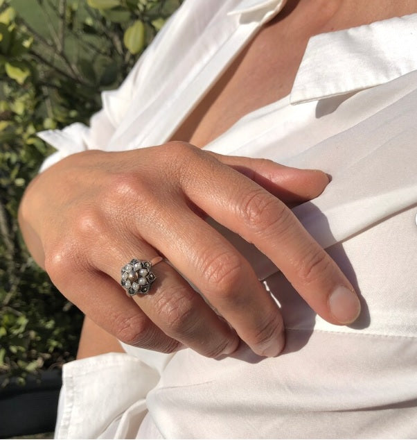 925 Sterling Silver & 9K Gold Micro-Pearl Antique Ring