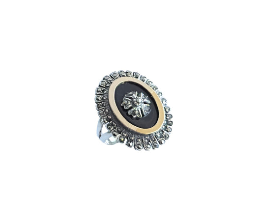 925 Sterling Silver & 9K Gold Victorian Era Black Agate Vintage Ring