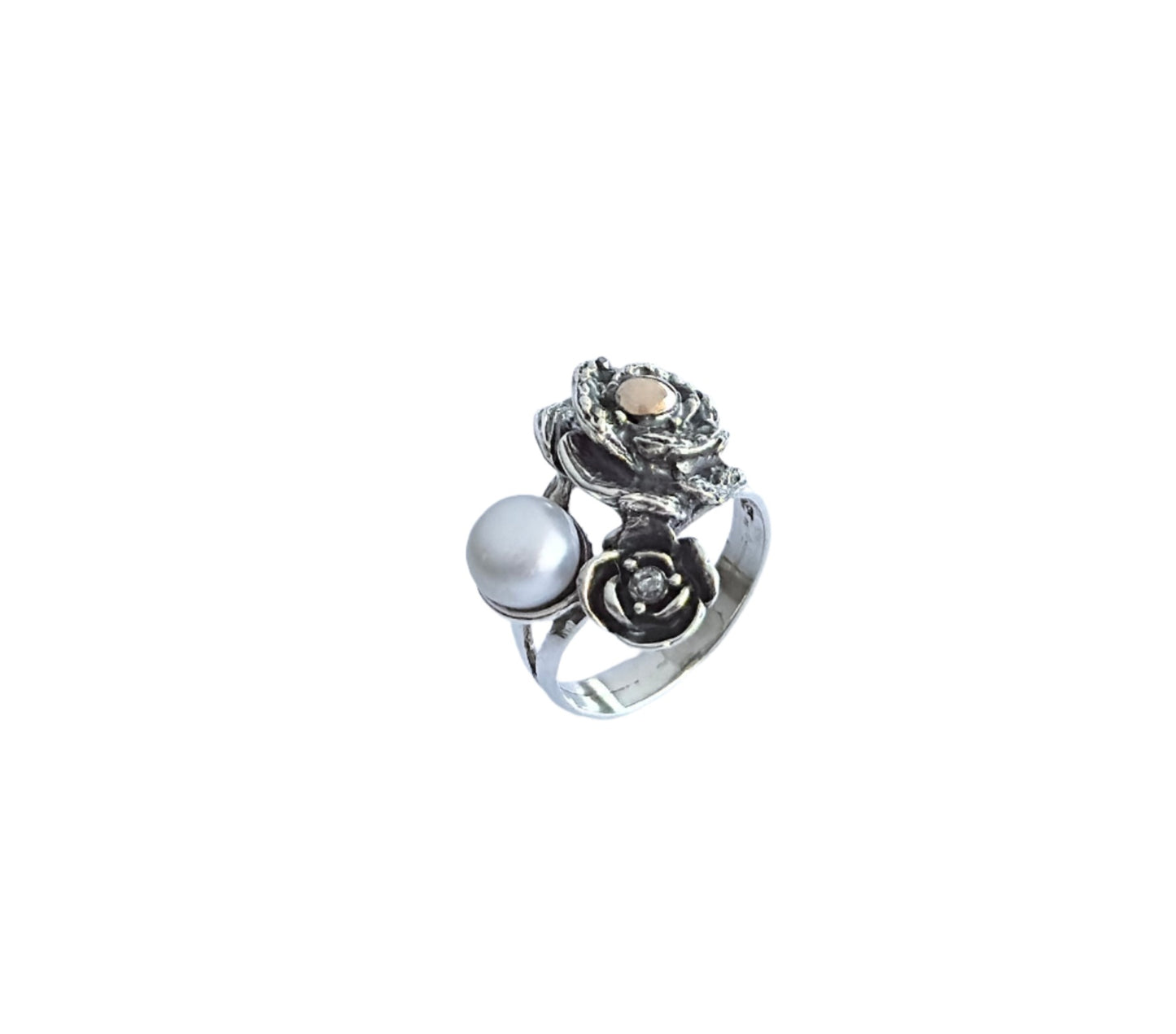 925 Sterling Silver & 9k Gold Two Roses and Pearl Ring