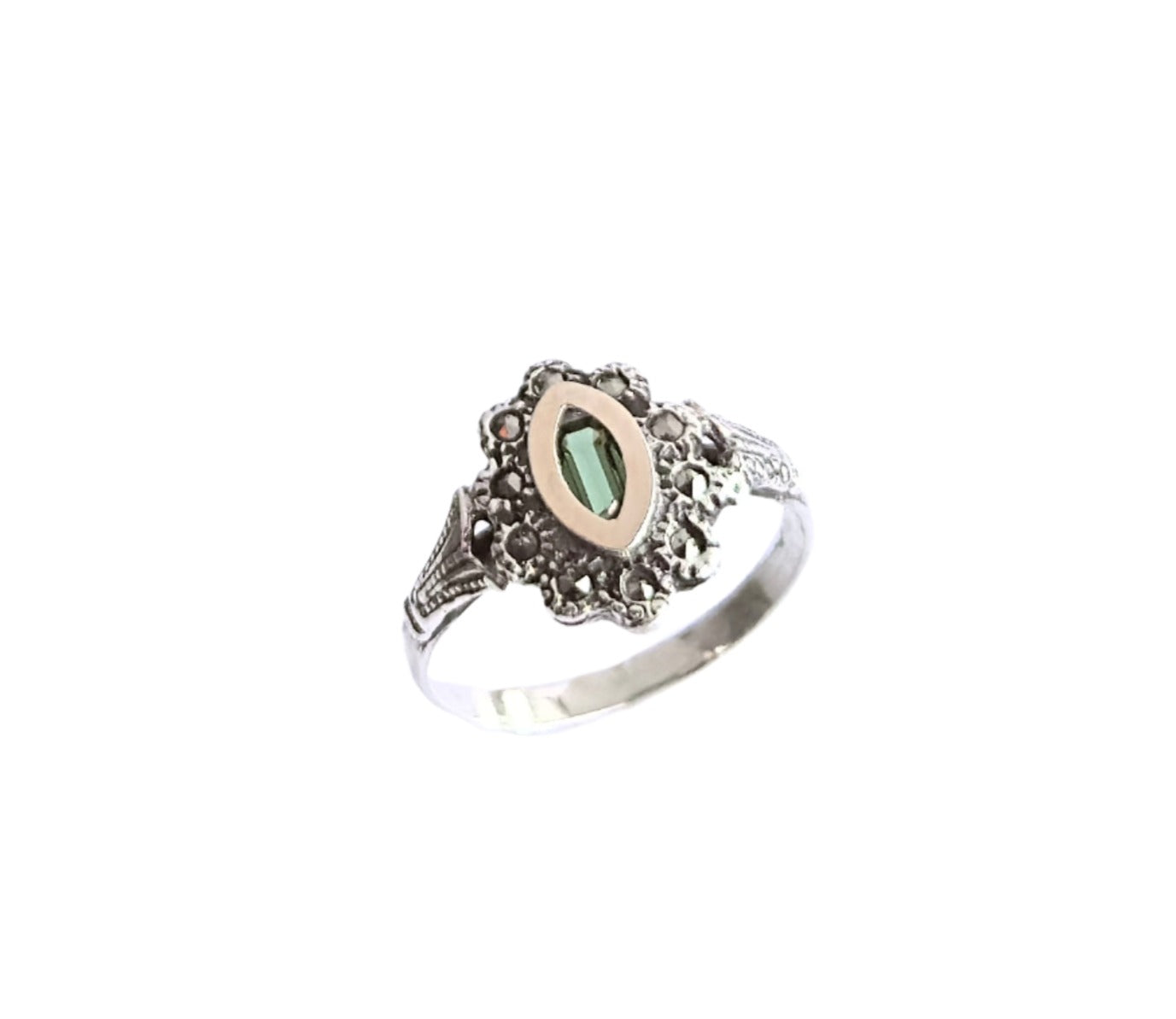 925 Sterling Silver & 9K Gold Green Gemstone Vintage Ring