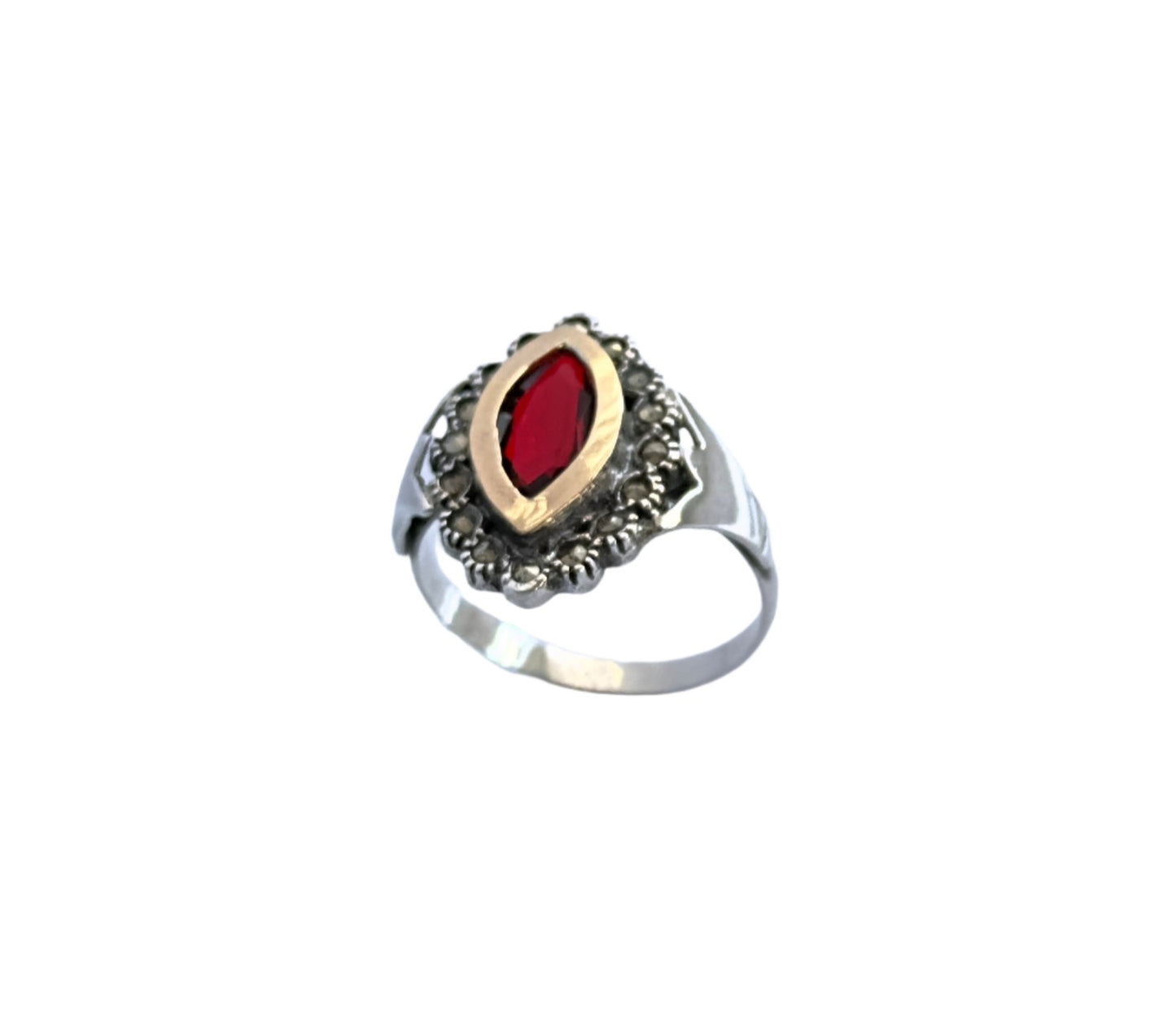 925 Sterling Silver & 9K Gold Red Zirconia Vintage Ring