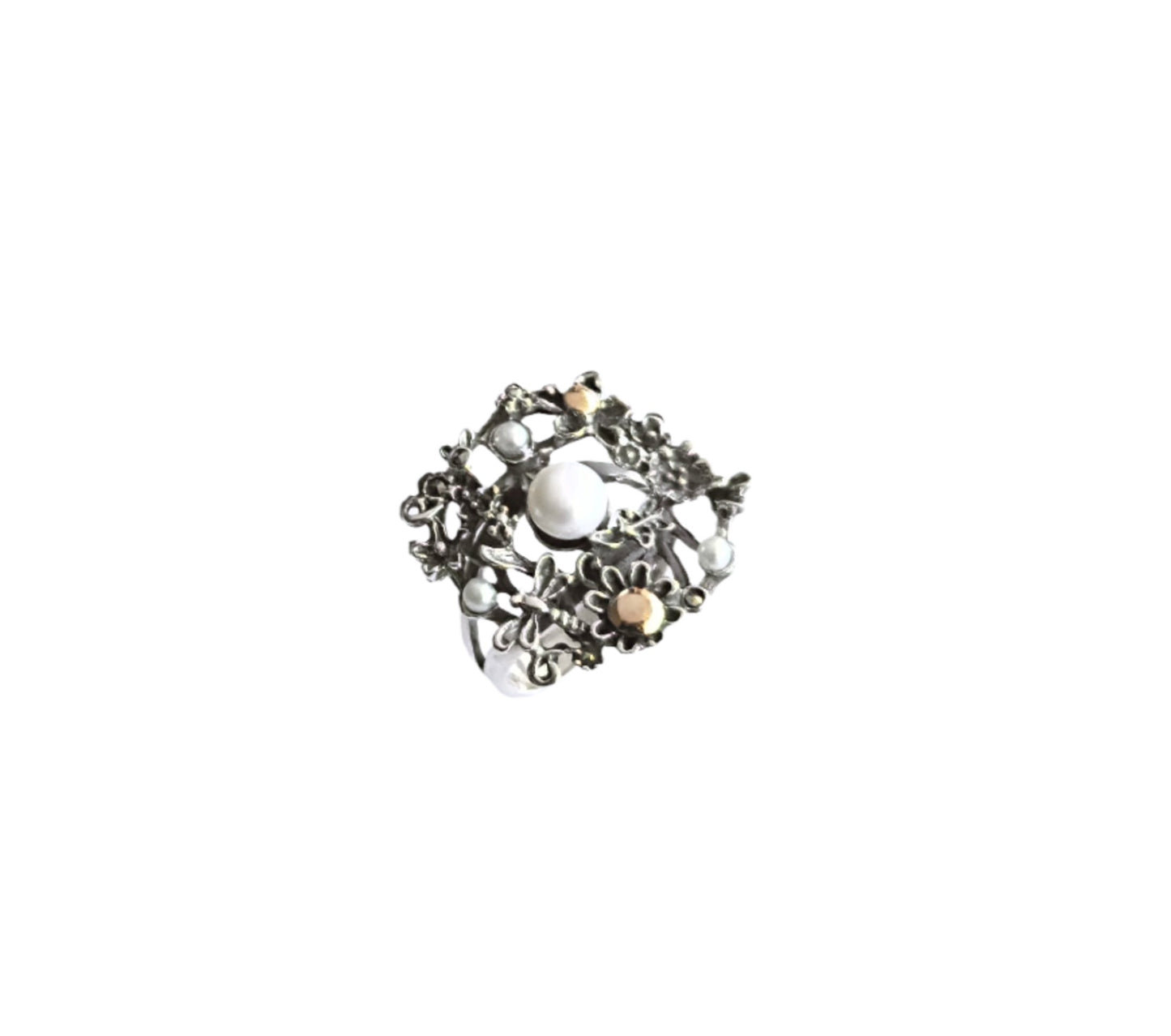 925 Sterling Silver & 9k Gold Nature Inspired Pearl Ring