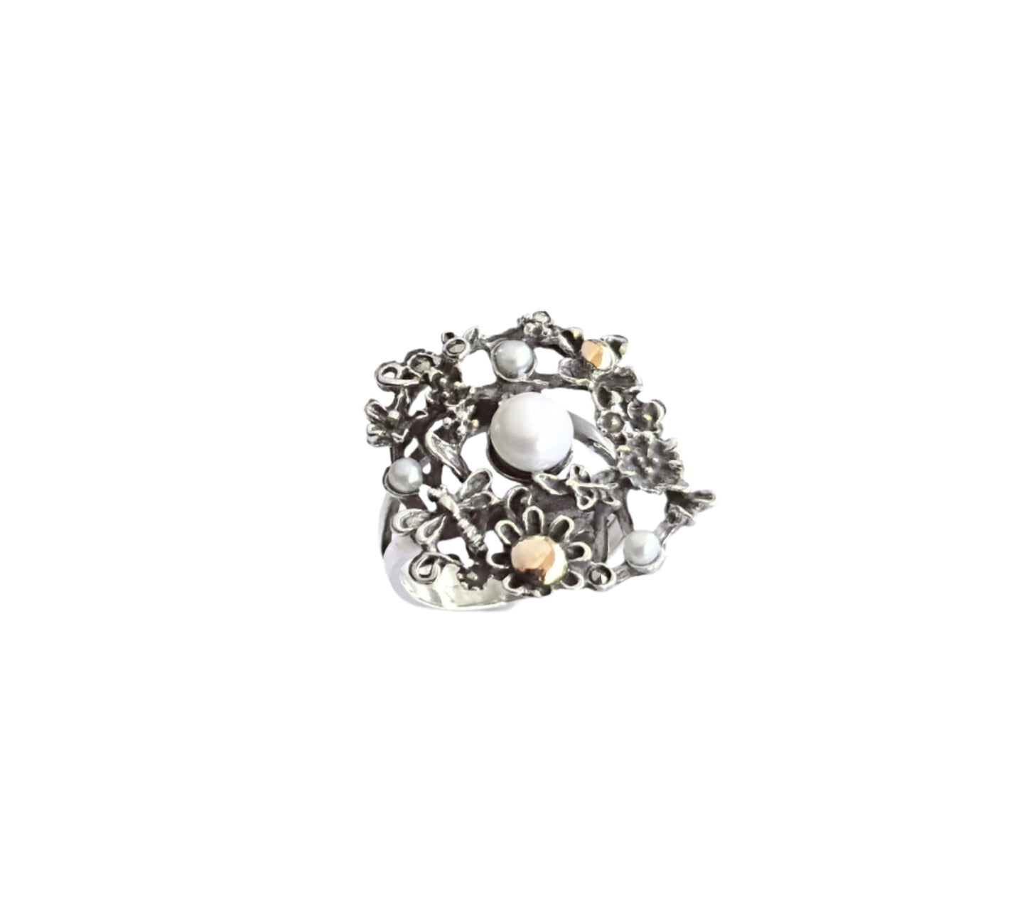 925 Sterling Silver & 9k Gold Nature Inspired Pearl Ring