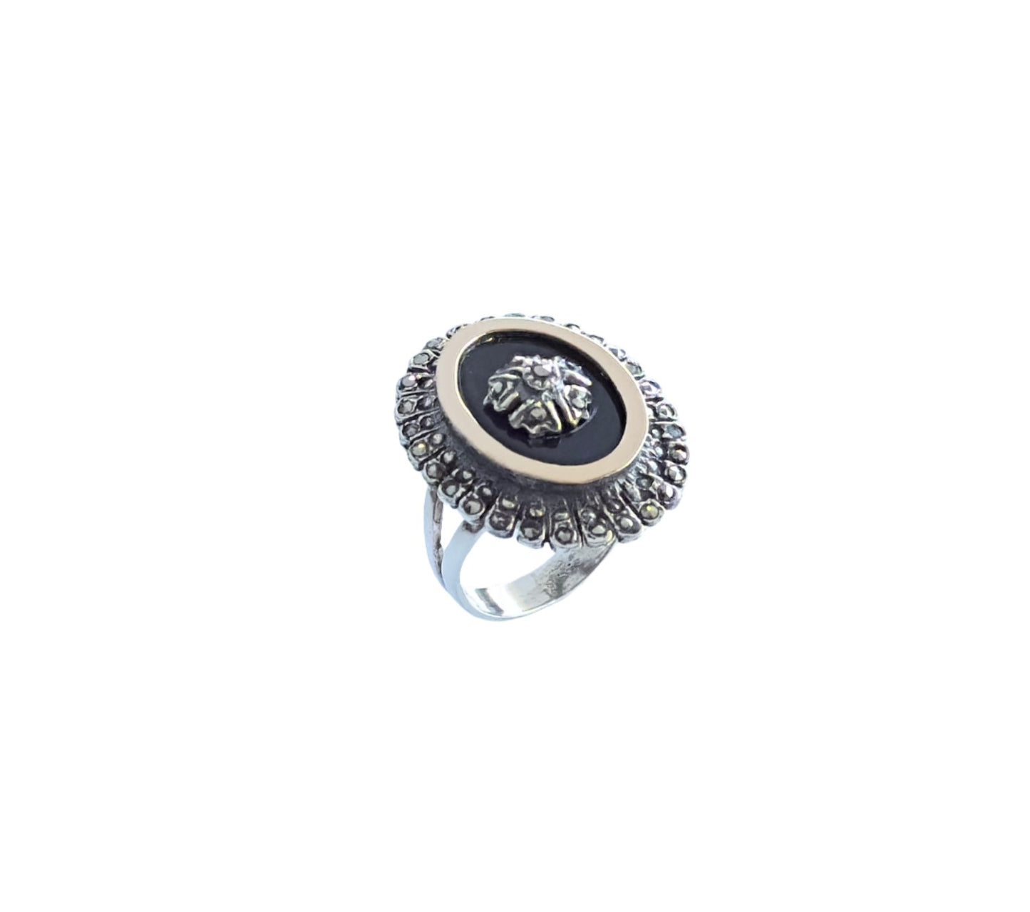 925 Sterling Silver & 9K Gold Victorian Era Black Agate Vintage Ring