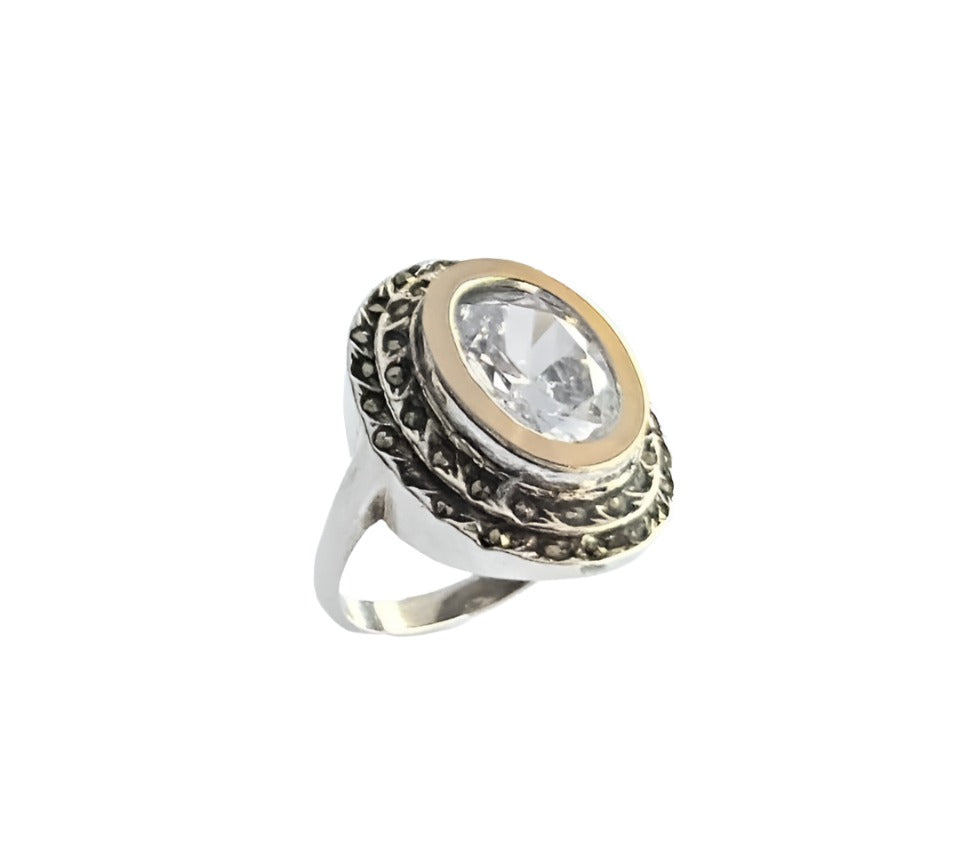 925 Sterling Silver & 9K Gold Cubic Zirconia Vintage Ring