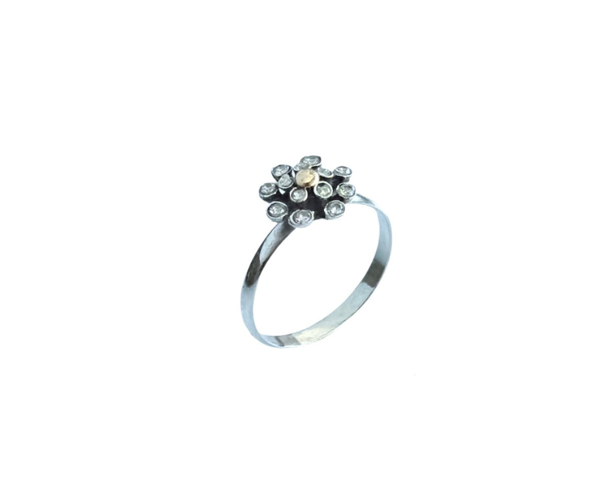 925 Sterling Silver & 9K Gold Zirconia Flower Vintage Ring