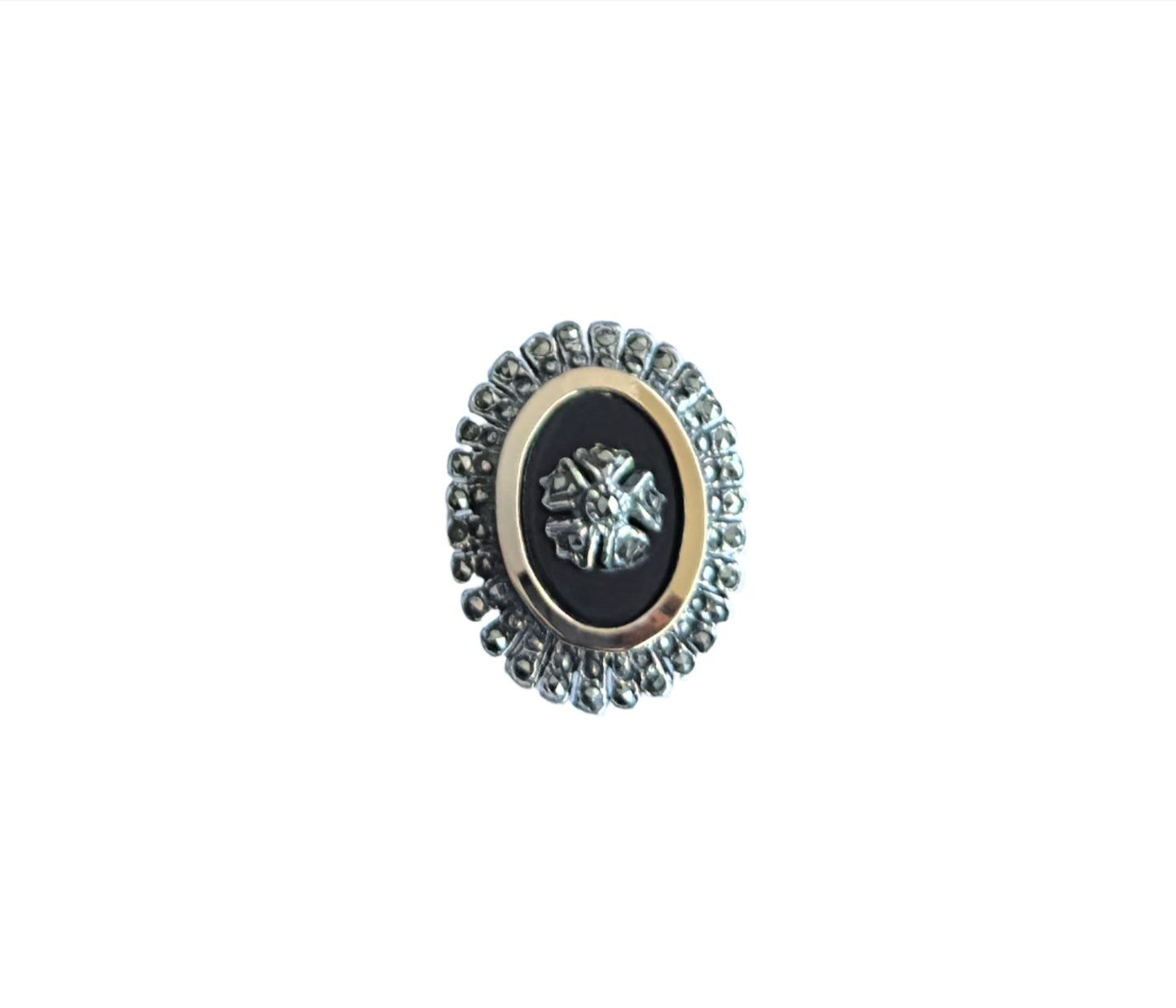 925 Sterling Silver & 9K Gold Victorian Era Black Agate Vintage Ring