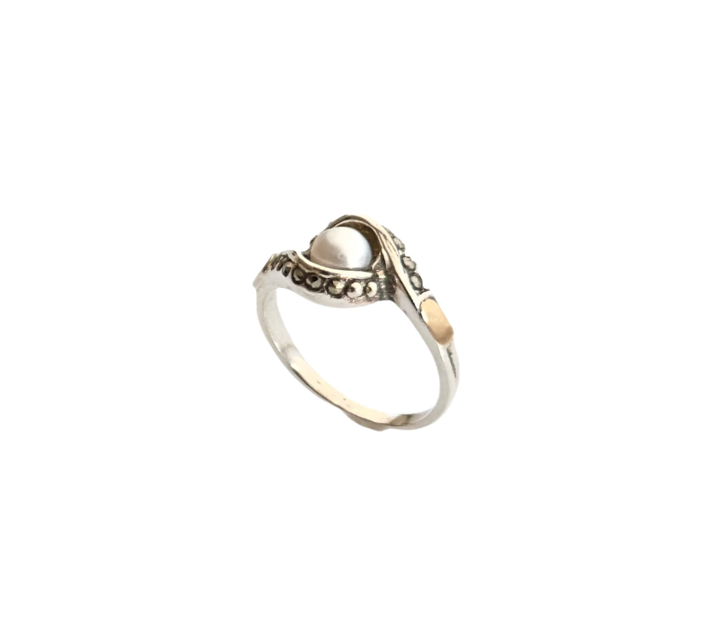 925 Sterling Silver & 9K Gold Pearl Vintage Ring