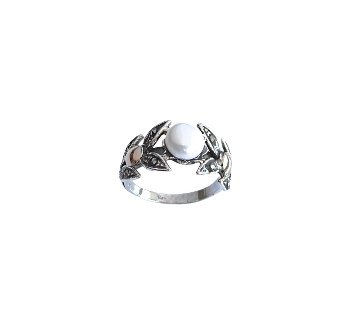 925 Sterling Silver & 9K Gold Nature Pearl Vintage Ring