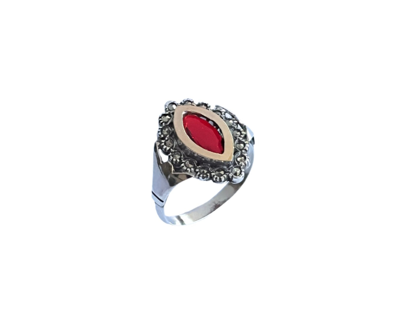 925 Sterling Silver & 9K Gold Red Zirconia Vintage Ring