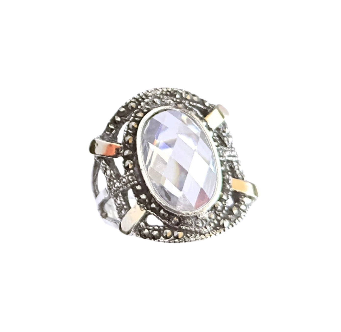 925 Sterling Silver & 9K Gold Cubic Zirconia Vintage Ring