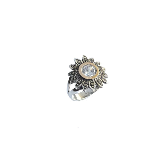 925 Sterling Silver & 9K Gold Sunflower Vintage Ring