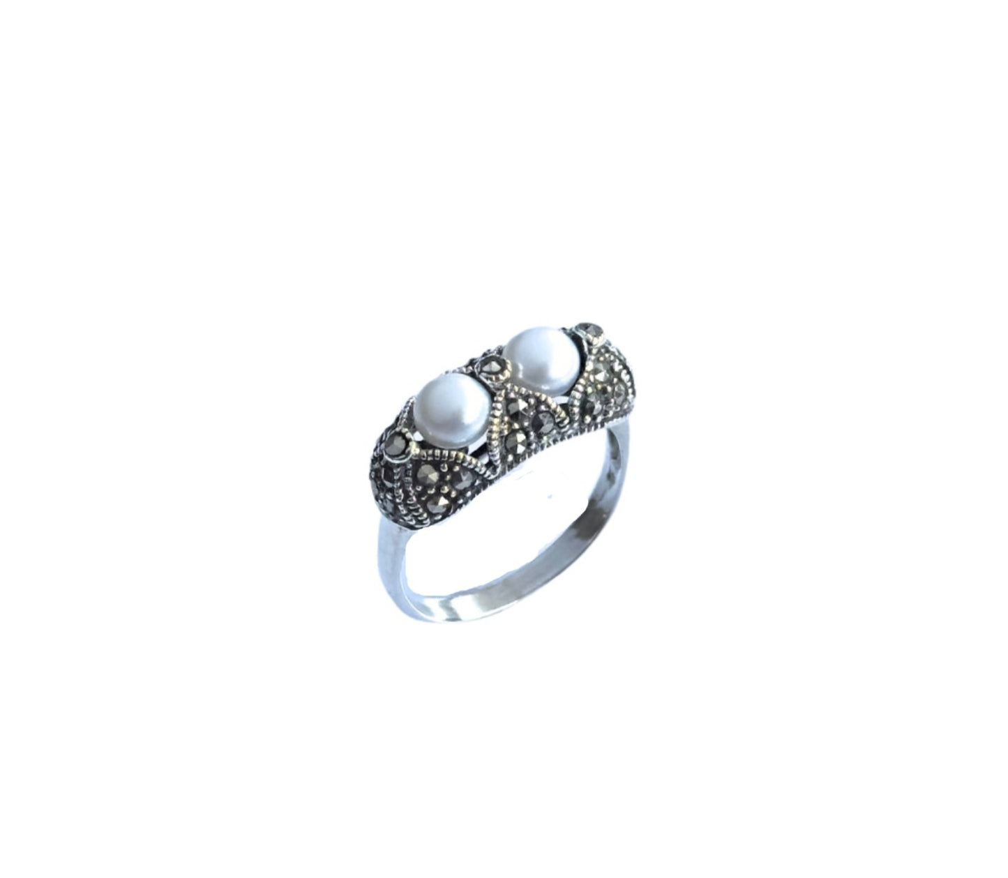 925 Sterling Silver Twin Pearl Vintage Ring