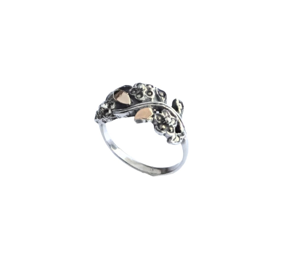 925 Sterling Silver & 9K Gold Nature Inspired Vintage Ring