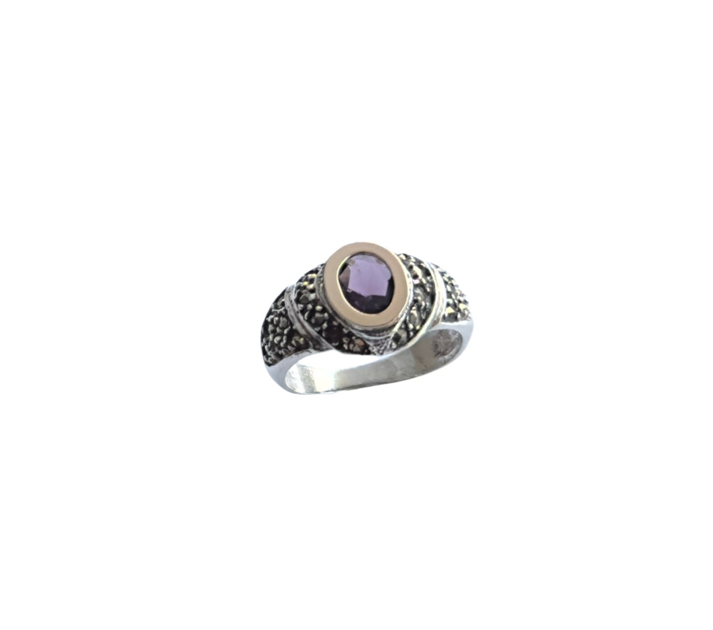 925 Sterling Silver & 9K Gold Purple Gemstone Vintage Ring