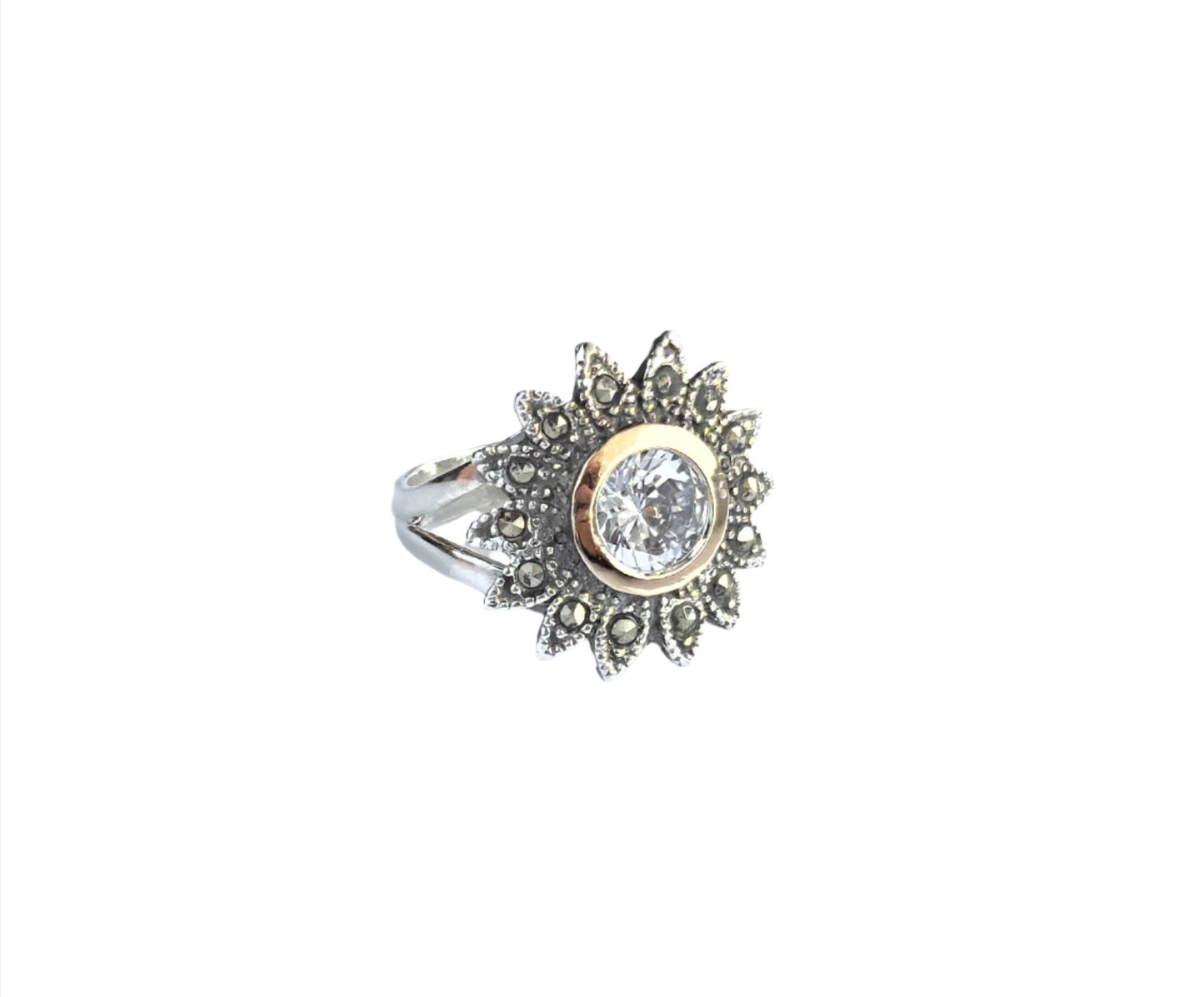 925 Sterling Silver & 9K Gold Sunflower Vintage Ring