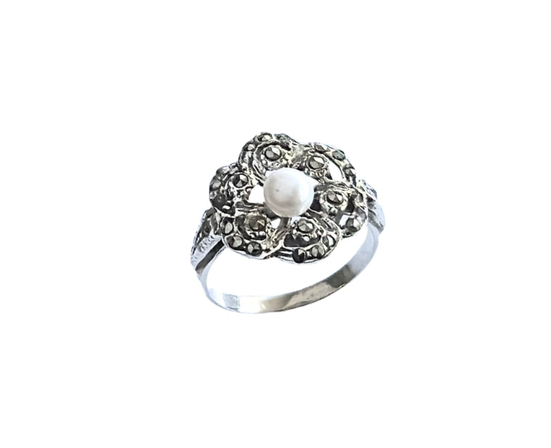 925 Sterling Silver Vintage Flower Pearl Ring