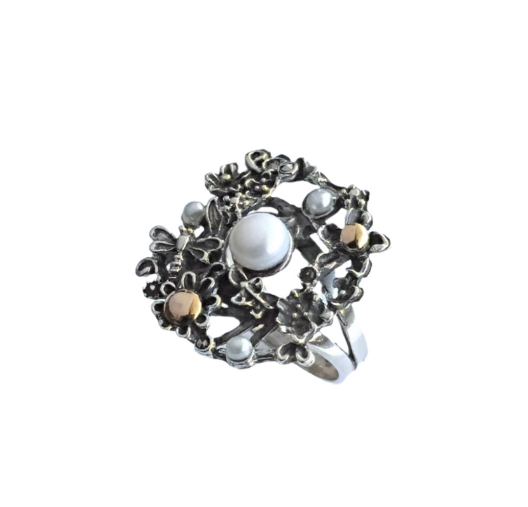 925 Sterling Silver & 9k Gold Nature Inspired Pearl Ring