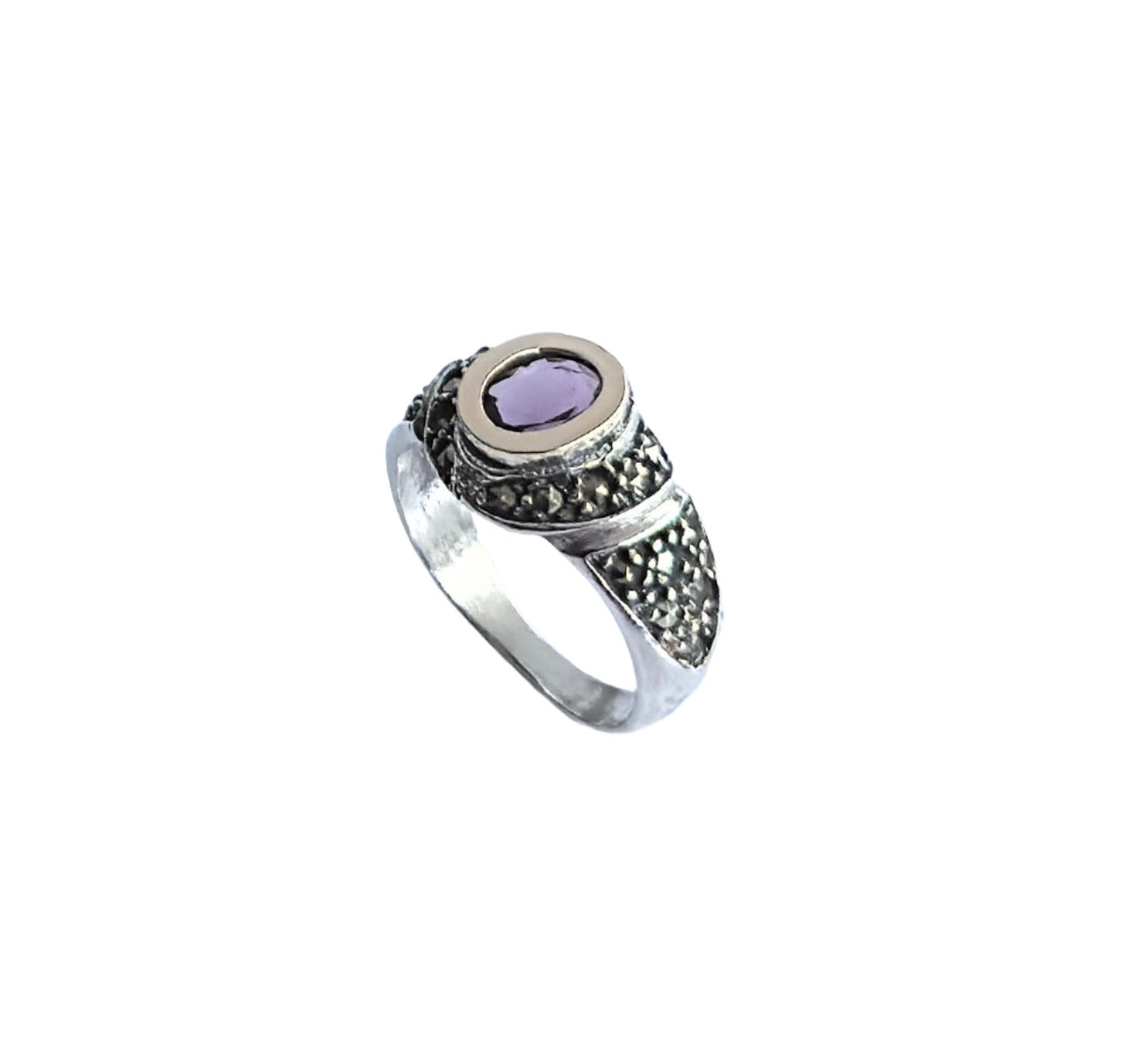 925 Sterling Silver & 9K Gold Purple Gemstone Vintage Ring