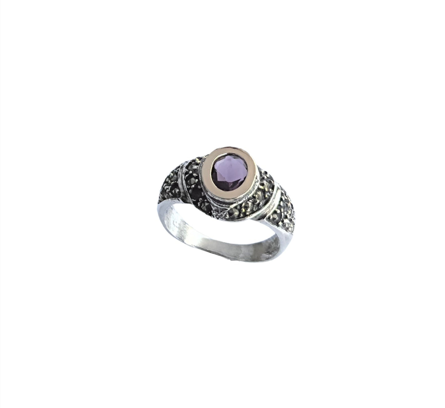 925 Sterling Silver & 9K Gold Purple Gemstone Vintage Ring