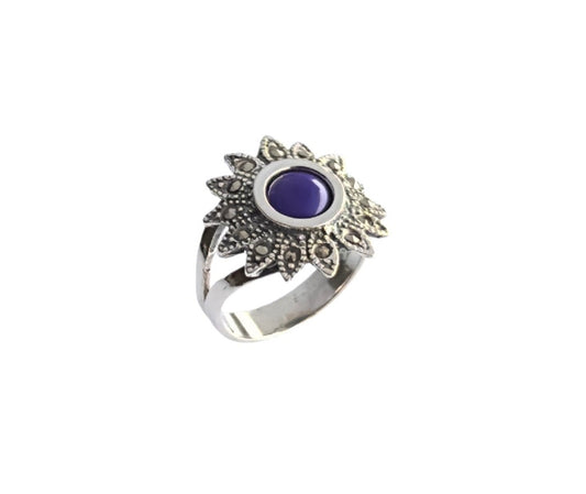 925 Sterling Silver Blue Gemstone Sunflower Vintage Ring