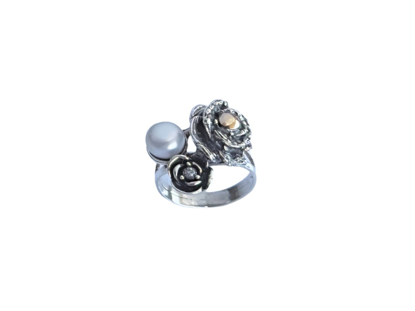 925 Sterling Silver & 9k Gold Two Roses and Pearl Ring