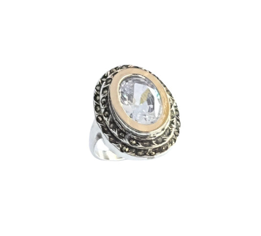 925 Sterling Silver & 9K Gold Cubic Zirconia Vintage Ring