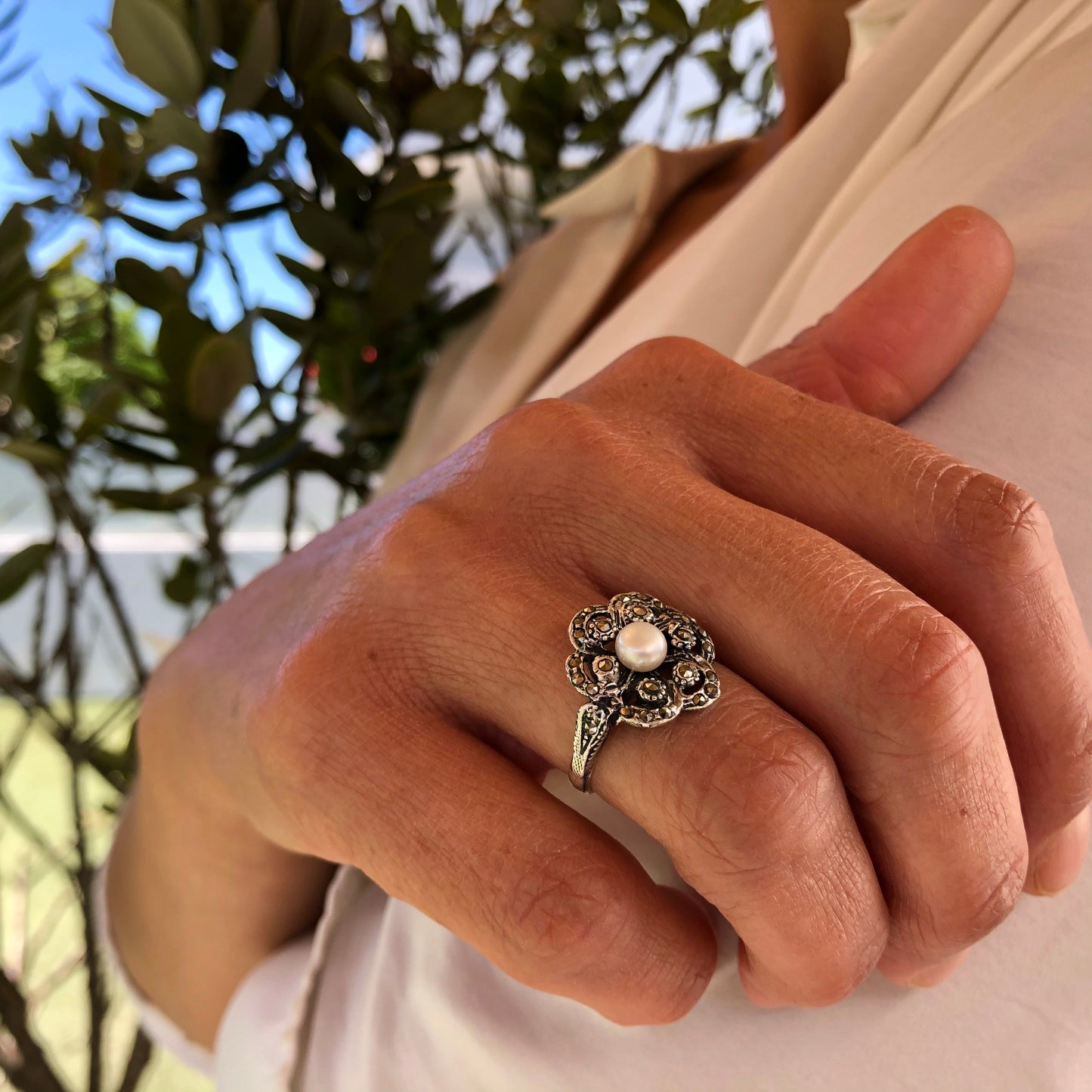 925 Sterling Silver Vintage Flower Pearl Ring