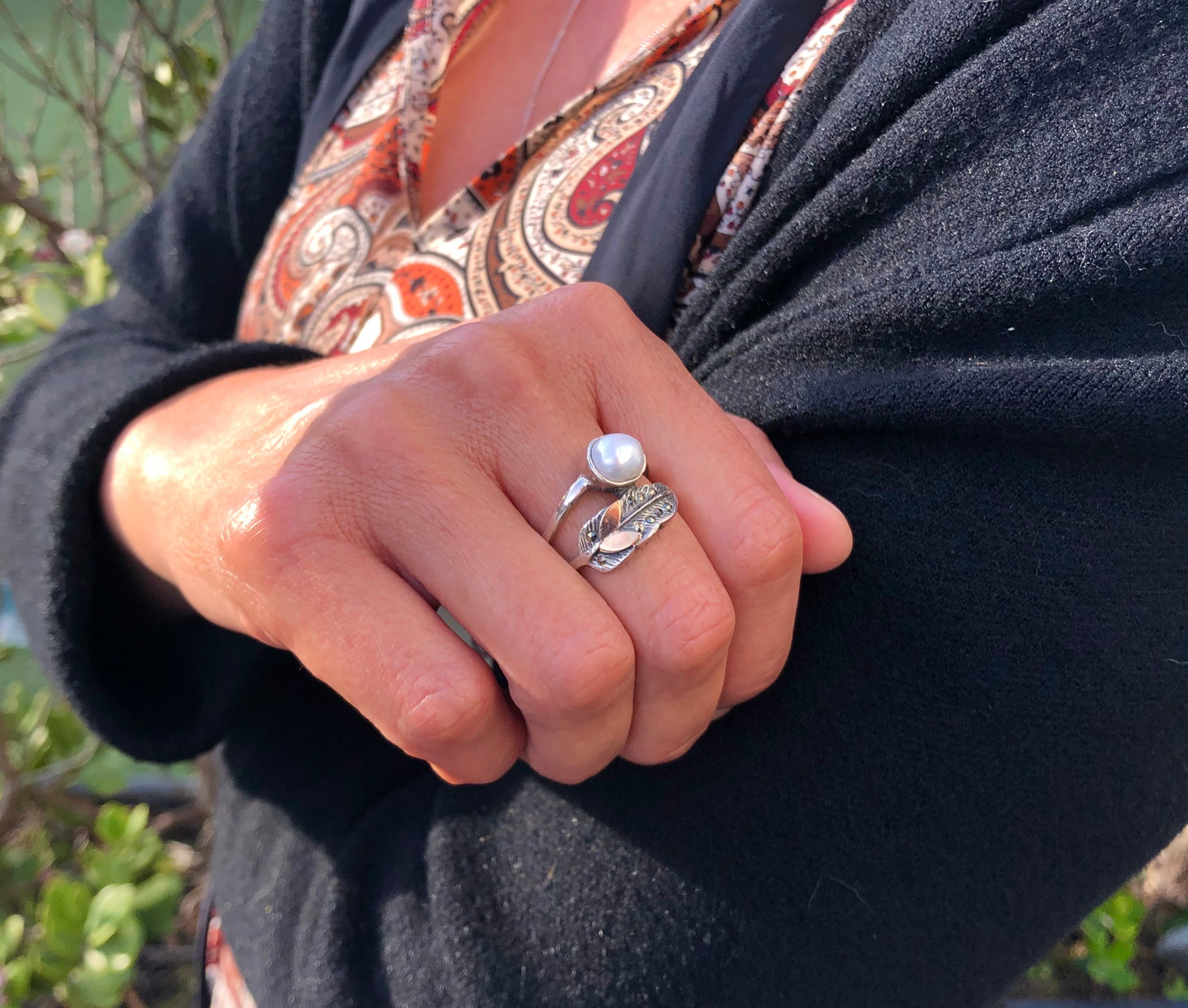 925 Sterling Silver & 9K Gold Feather & Pearl Vintage Ring