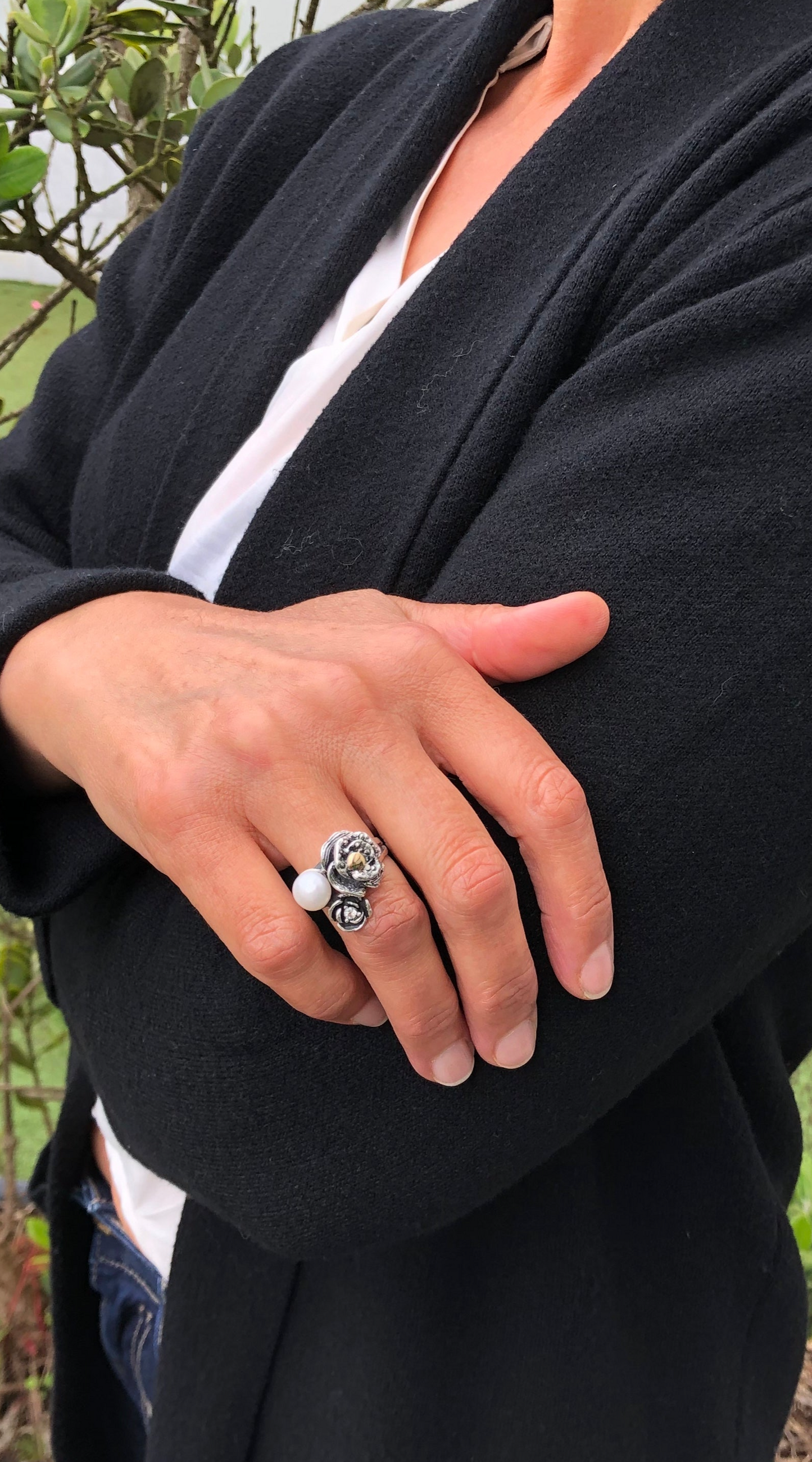 925 Sterling Silver & 9k Gold Two Roses and Pearl Ring