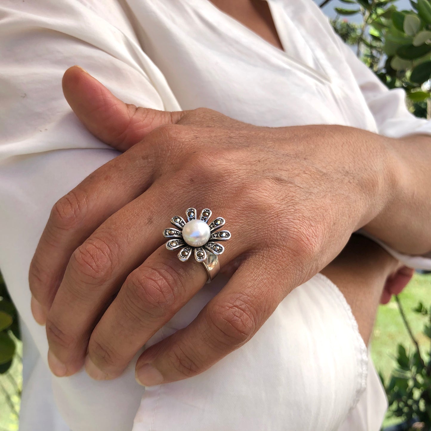 925 Sterling Silver Pearl and Flower Vintage Ring