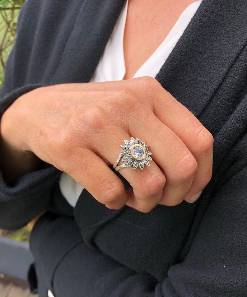 925 Sterling Silver & 9K Gold Sunflower Vintage Ring