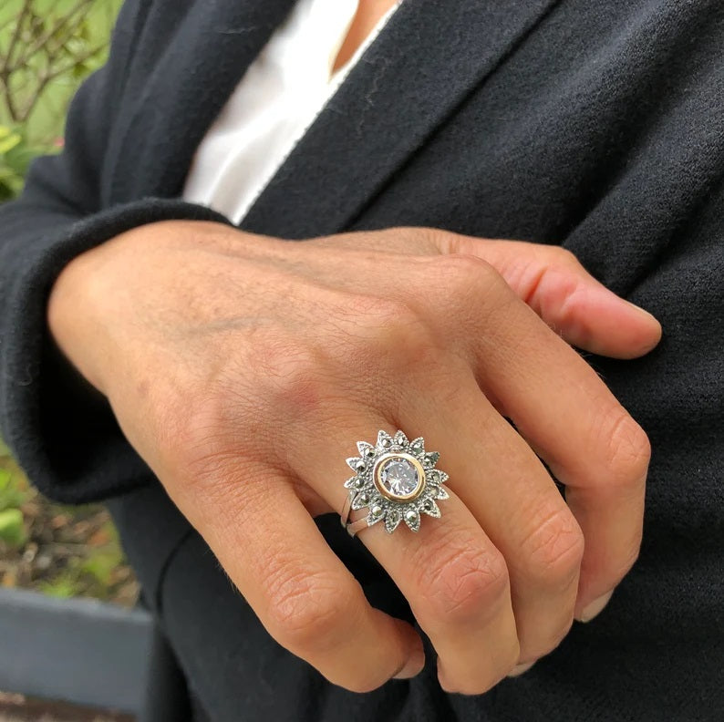 925 Sterling Silver & 9K Gold Sunflower Vintage Ring