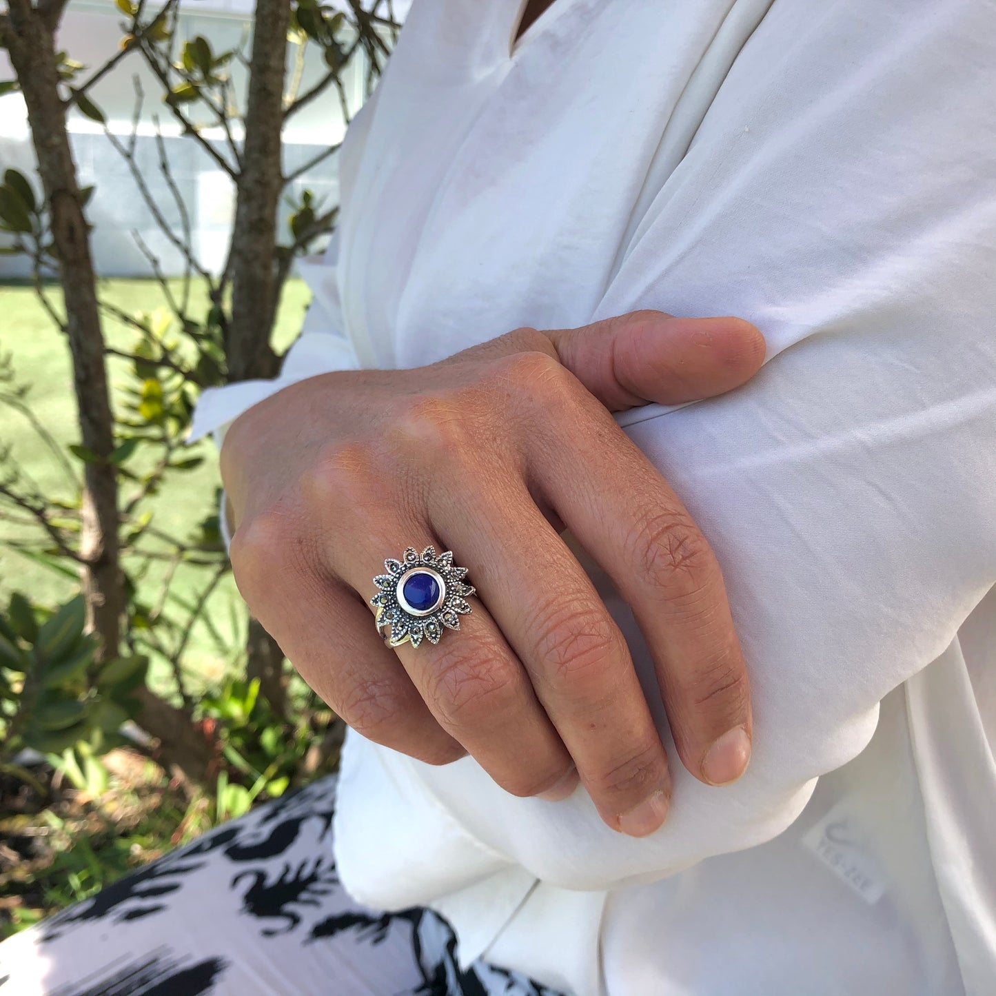 925 Sterling Silver Blue Gemstone Sunflower Vintage Ring