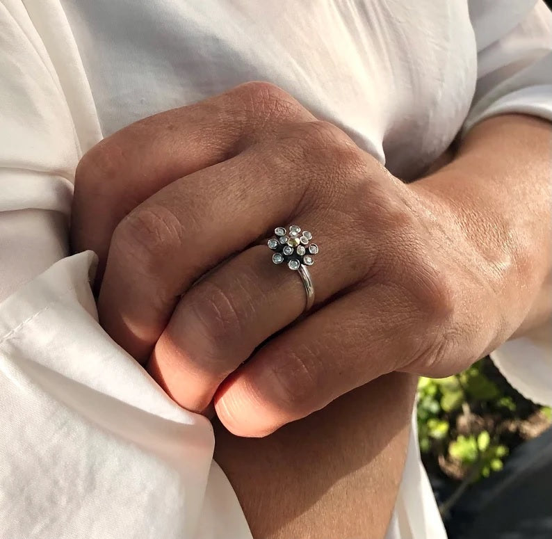 925 Sterling Silver & 9K Gold Zirconia Flower Vintage Ring