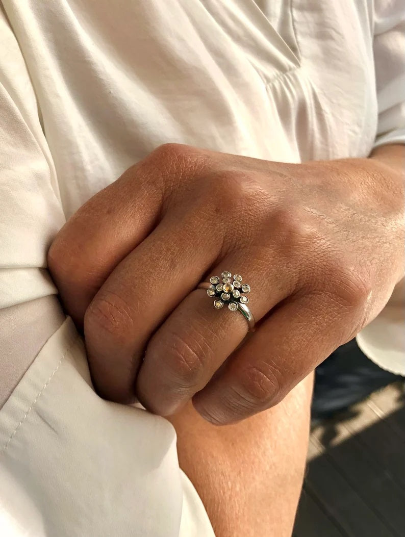 925 Sterling Silver & 9K Gold Zirconia Flower Vintage Ring