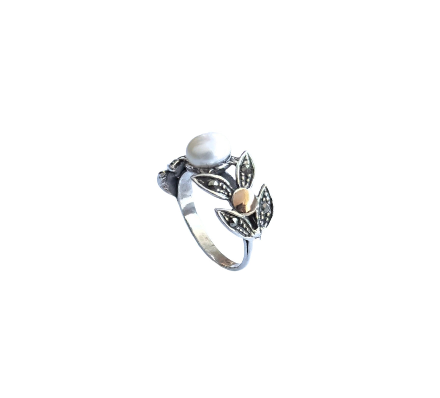 925 Sterling Silver & 9K Gold Nature Pearl Vintage Ring