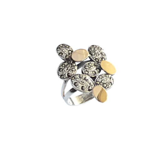 925 Sterling Silver & 9k Gold Golden Petals Vintage Ring