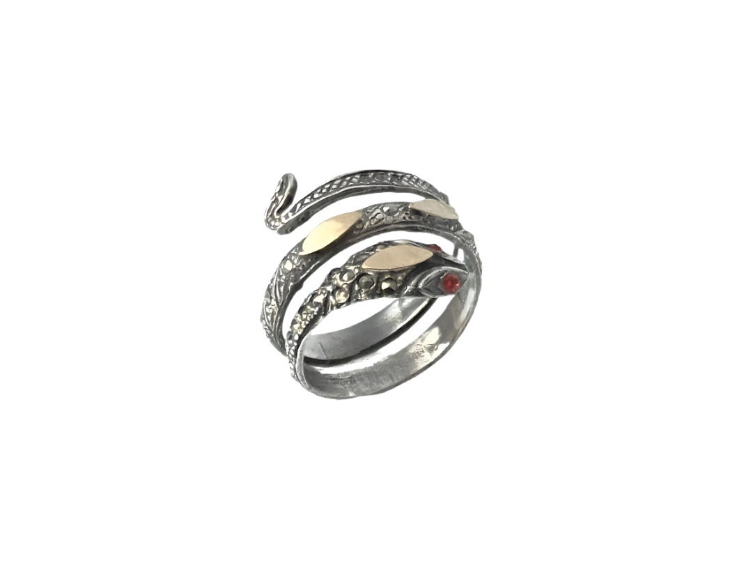 925 Sterling Silver & 9K Gold Serpent Vintage Ring