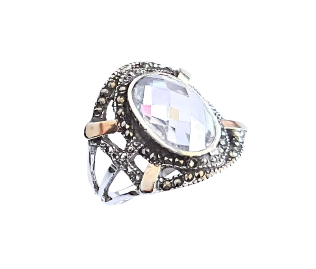 925 Sterling Silver & 9K Gold Cubic Zirconia Vintage Ring