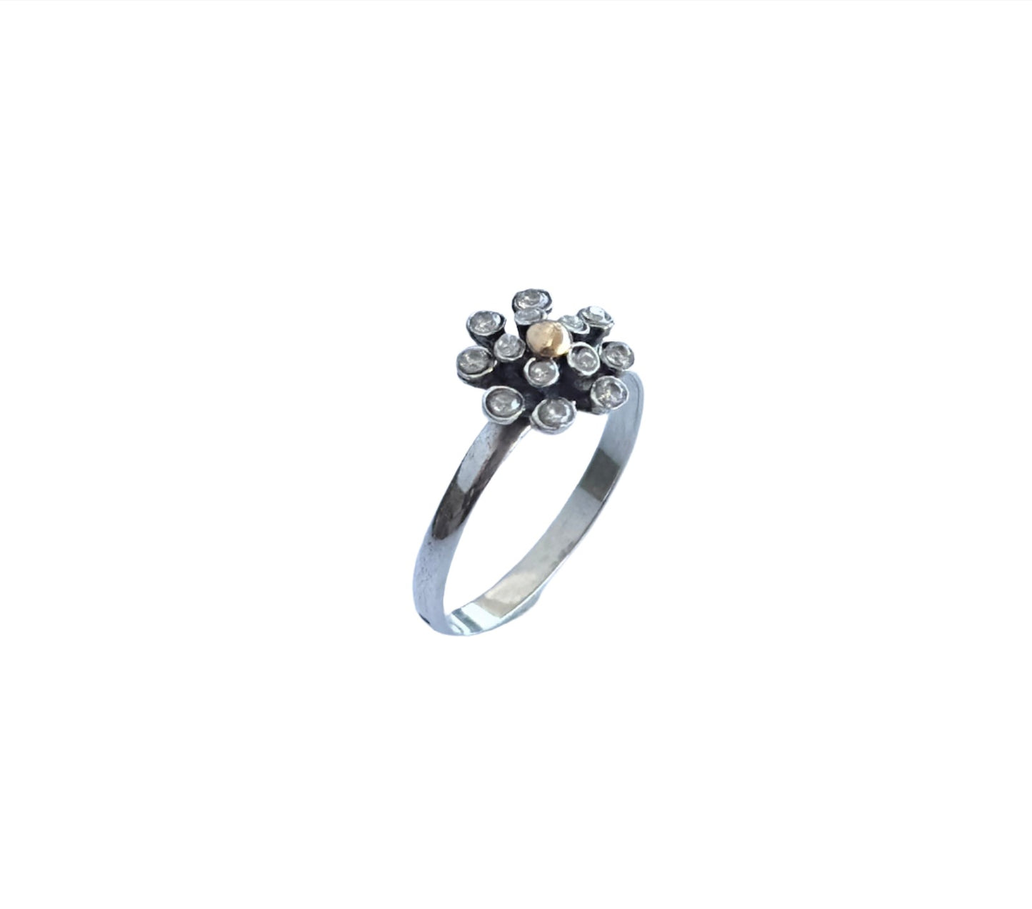 925 Sterling Silver & 9K Gold Zirconia Flower Vintage Ring