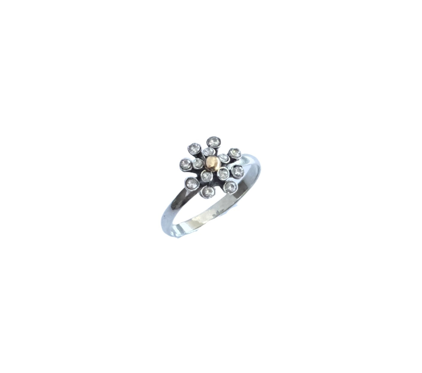 925 Sterling Silver & 9K Gold Zirconia Flower Vintage Ring