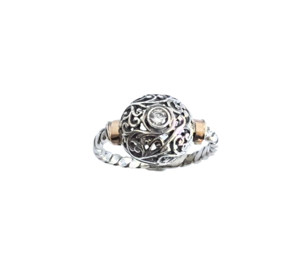 925 Sterling Silver & 9K Gold Filigree Dome Vintage Ring