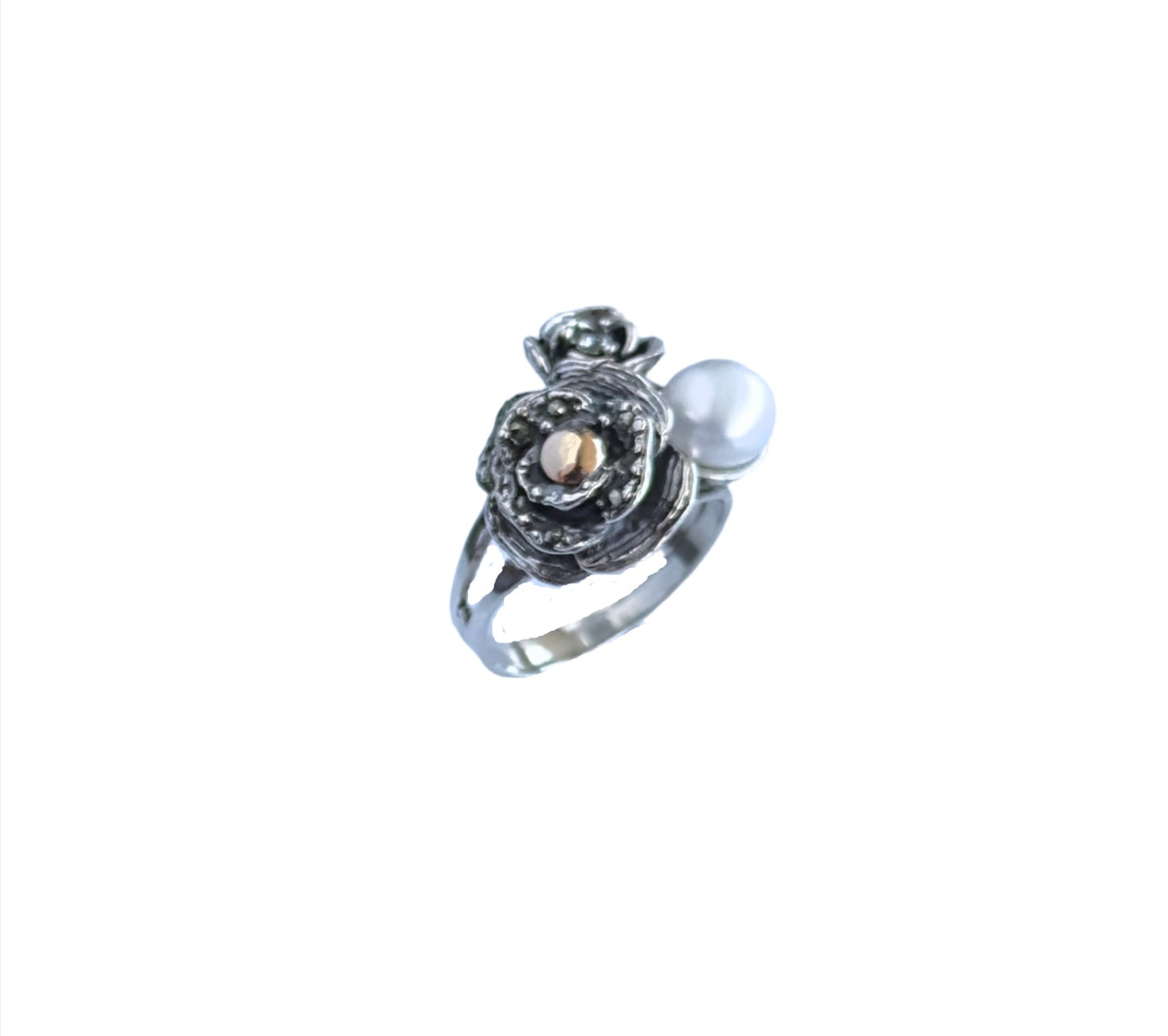 925 Sterling Silver & 9k Gold Two Roses and Pearl Ring