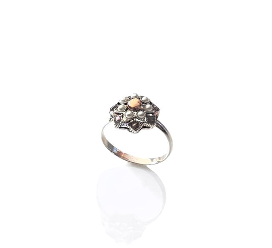 925 Sterling Silver & 9K Gold Micro-Pearl Antique Ring